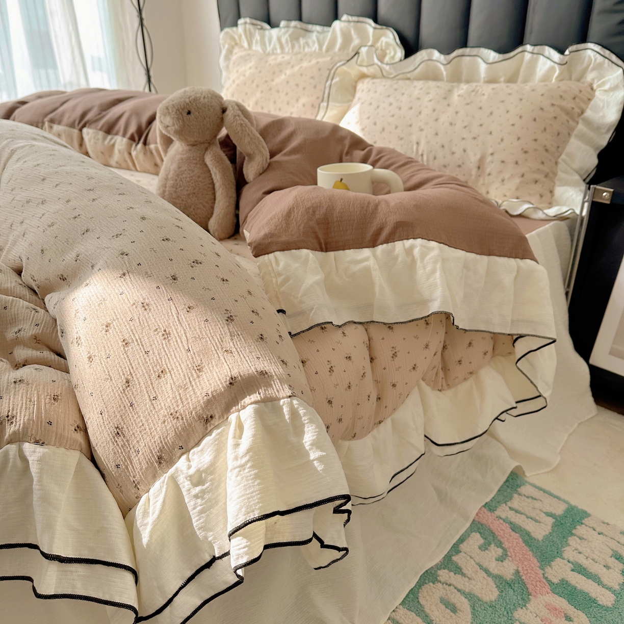 91家纺网 家纺一手货源 找家纺 韩都家居 2026春夏新款双层纱皱皱纱韩系清新风四件套 木锦咖