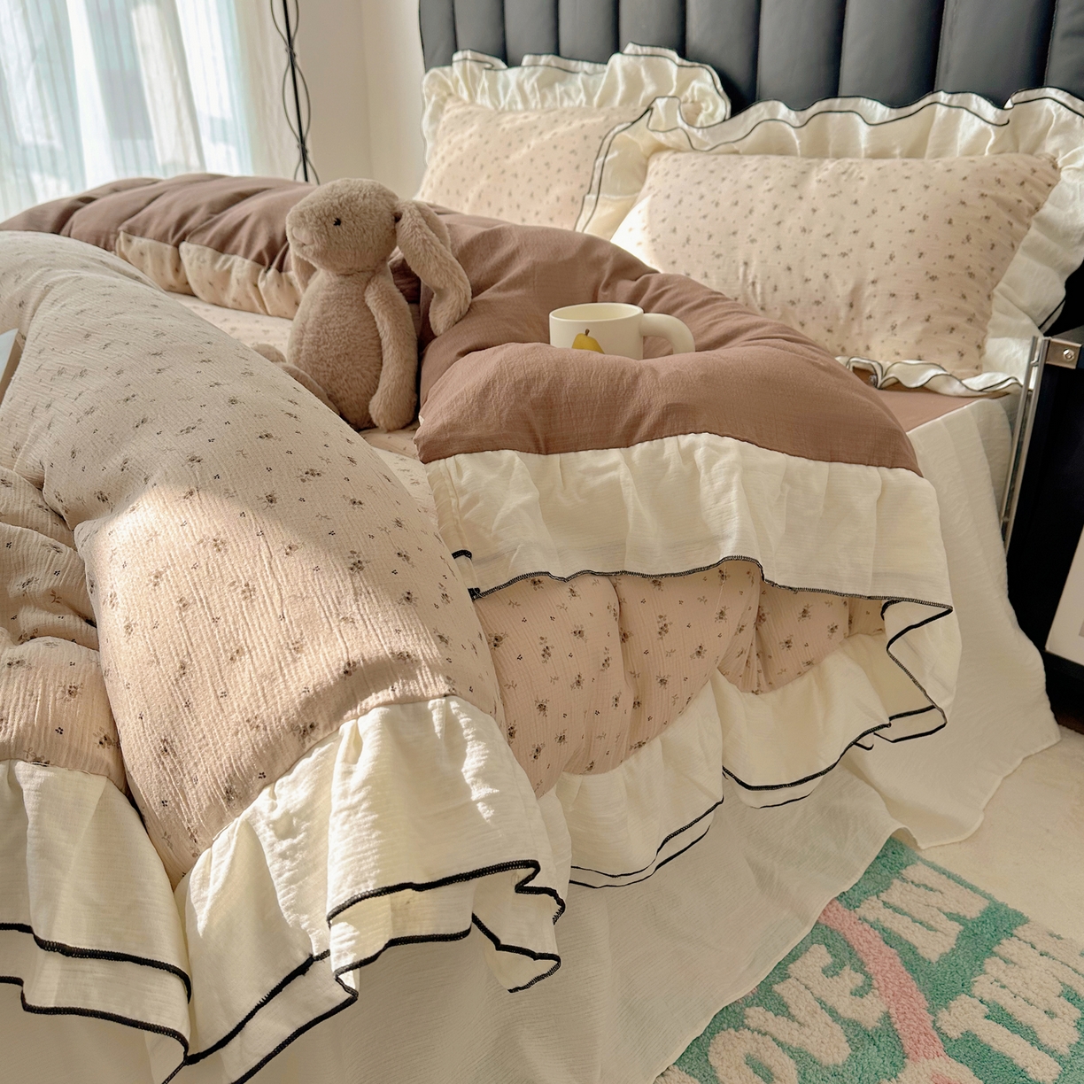 91家纺网 家纺一手货源 找家纺 韩都家居 2026春夏新款双层纱皱皱纱韩系清新风四件套 木锦咖