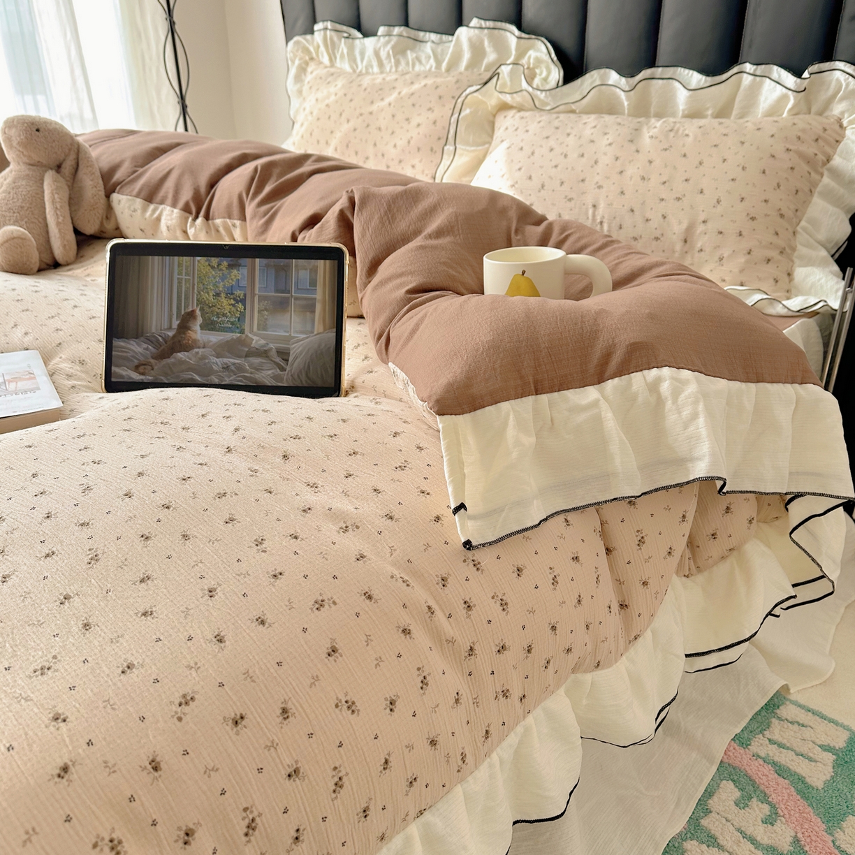 91家纺网 家纺一手货源 找家纺 韩都家居 2026春夏新款双层纱皱皱纱韩系清新风四件套 木锦咖