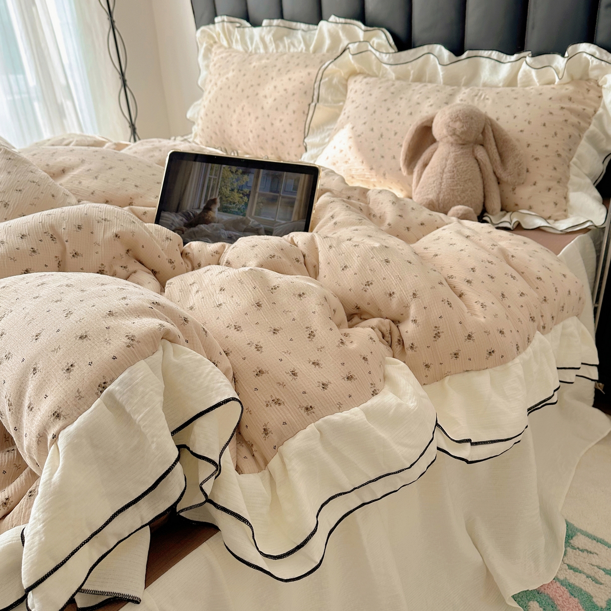 91家纺网 家纺一手货源 找家纺 韩都家居 2026春夏新款双层纱皱皱纱韩系清新风四件套 木锦咖