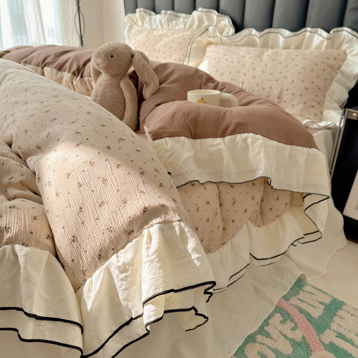 91家纺网 家纺一手货源 找家纺 韩都家居 2026春夏新款双层纱皱皱纱韩系清新风四件套 木锦咖