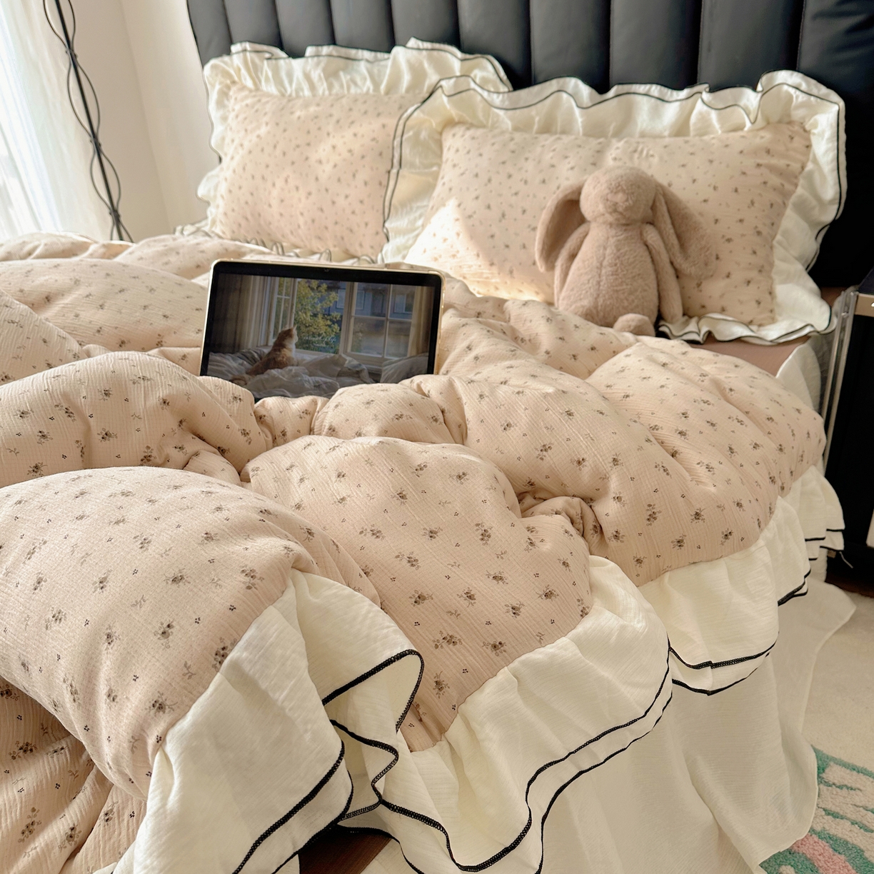 91家纺网 家纺一手货源 找家纺 韩都家居 2026春夏新款双层纱皱皱纱韩系清新风四件套 木锦咖