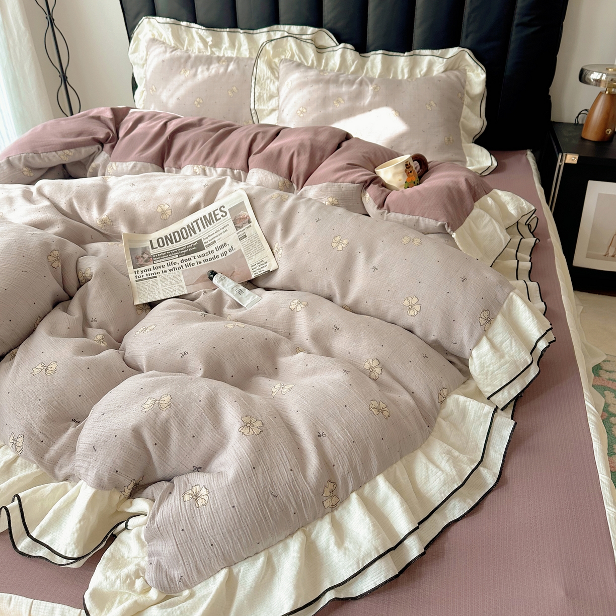 韩都家居 2026春夏新款双层纱皱皱纱韩系清新风四件套 南溪紫