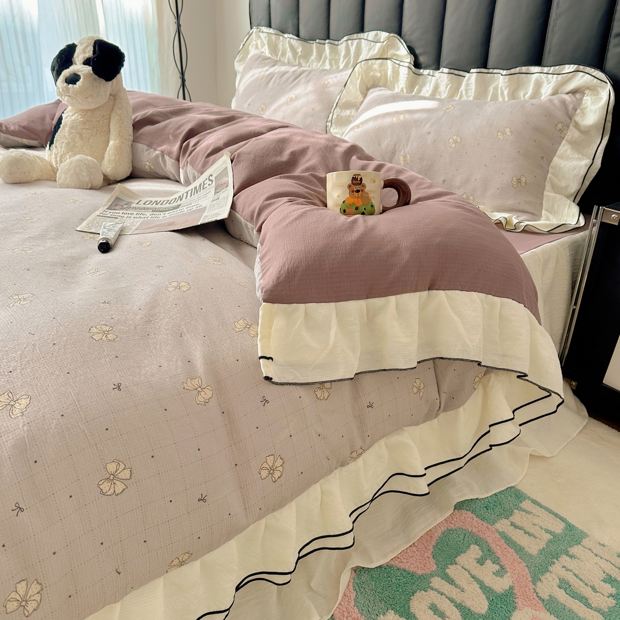 91家纺网 家纺一手货源 找家纺 韩都家居 2026春夏新款双层纱皱皱纱韩系清新风四件套 南溪紫