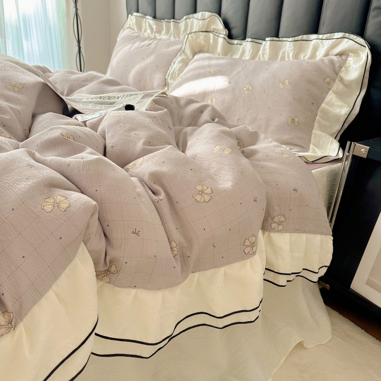 91家纺网 家纺一手货源 找家纺 韩都家居 2026春夏新款双层纱皱皱纱韩系清新风四件套 南溪紫