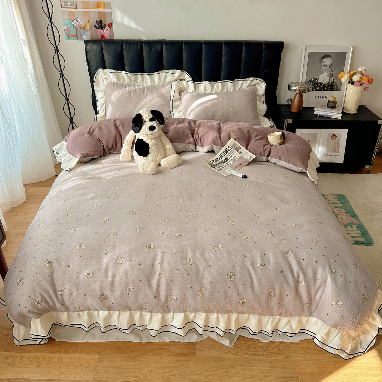 91家纺网 家纺一手货源 找家纺 韩都家居 2026春夏新款双层纱皱皱纱韩系清新风四件套 南溪紫