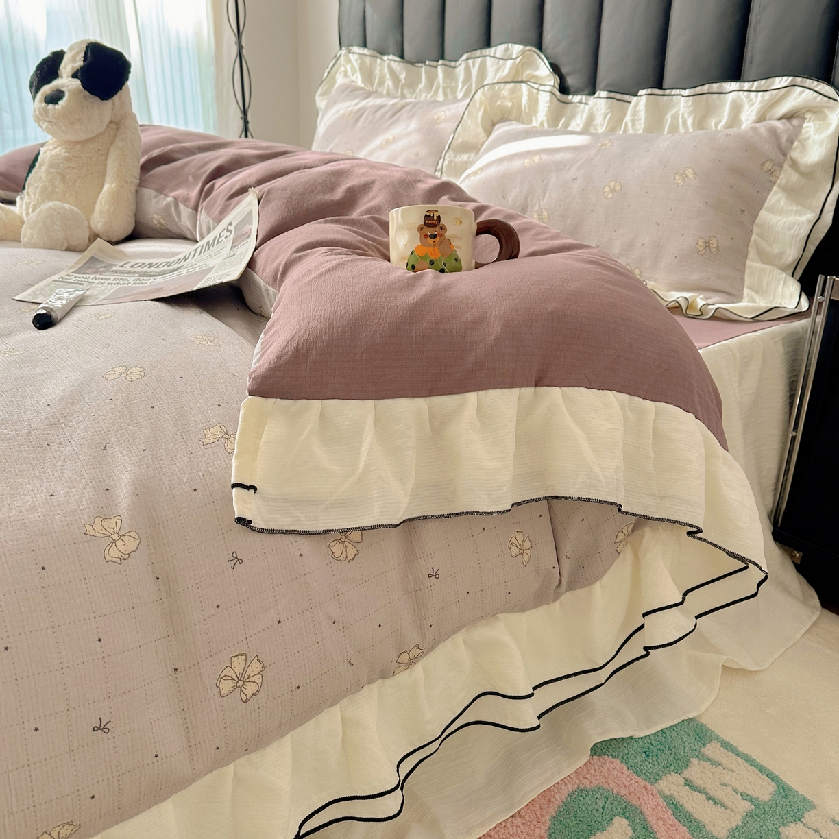 91家纺网 家纺一手货源 找家纺 韩都家居 2026春夏新款双层纱皱皱纱韩系清新风四件套 南溪紫