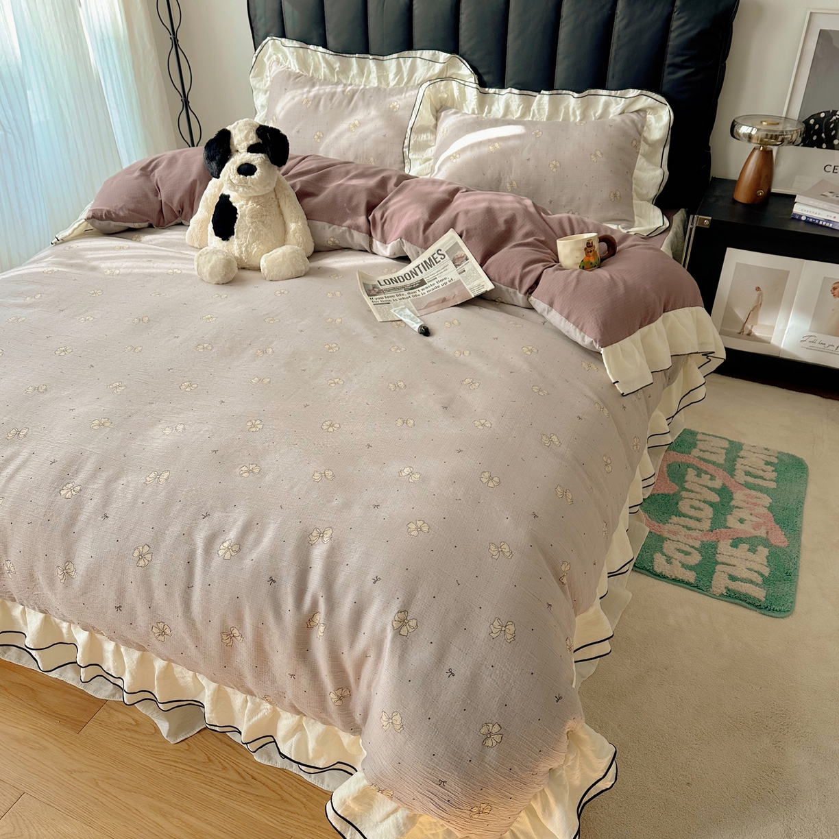 91家纺网 家纺一手货源 找家纺 韩都家居 2026春夏新款双层纱皱皱纱韩系清新风四件套 南溪紫