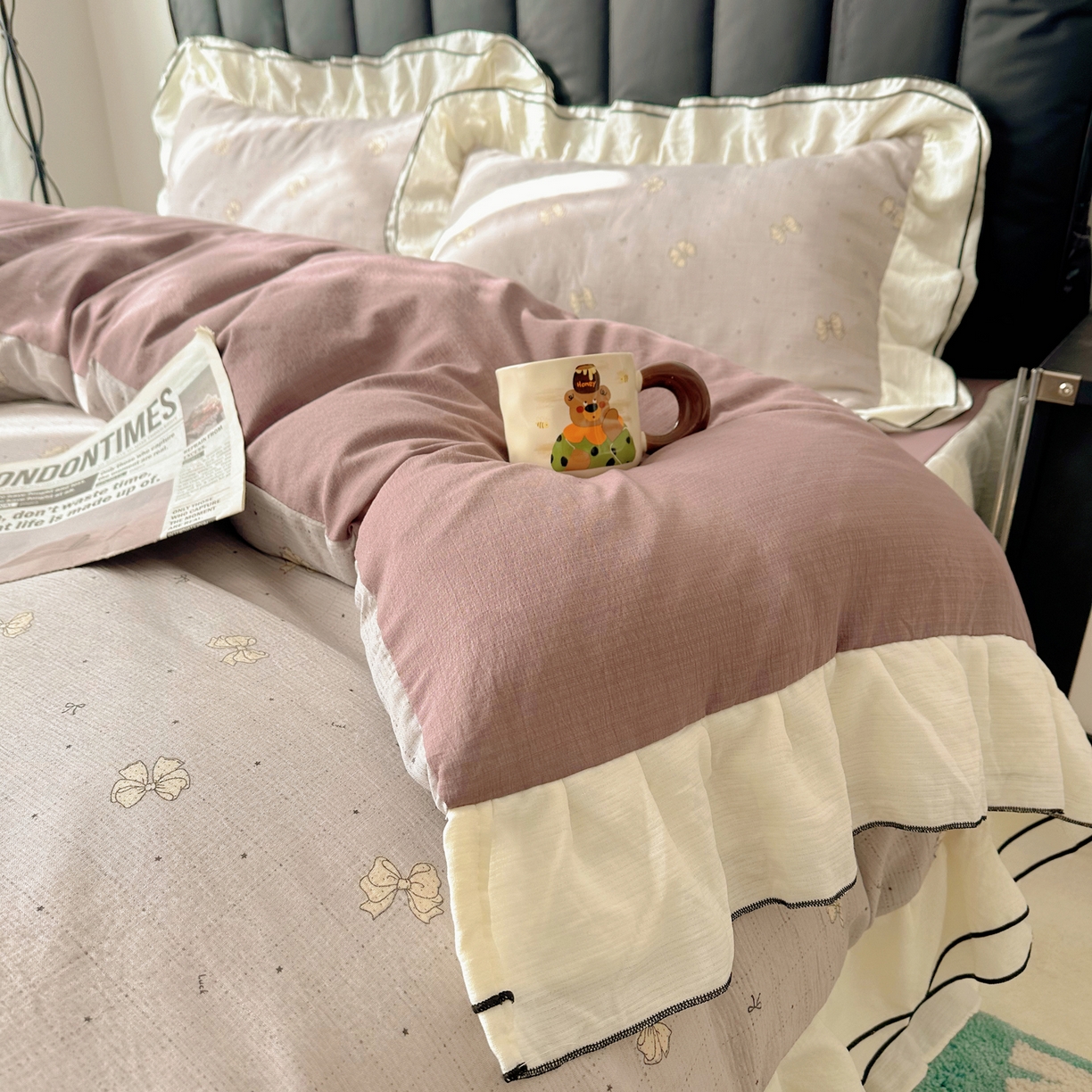 91家纺网 家纺一手货源 找家纺 韩都家居 2026春夏新款双层纱皱皱纱韩系清新风四件套 南溪紫