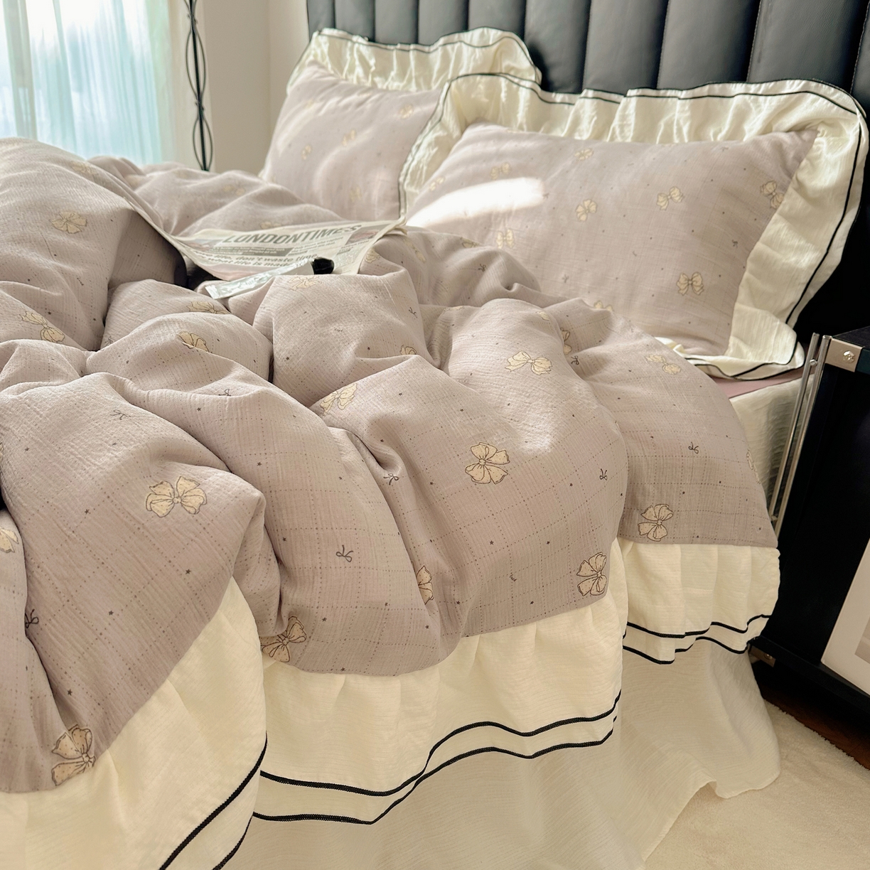 91家纺网 家纺一手货源 找家纺 韩都家居 2026春夏新款双层纱皱皱纱韩系清新风四件套 南溪紫