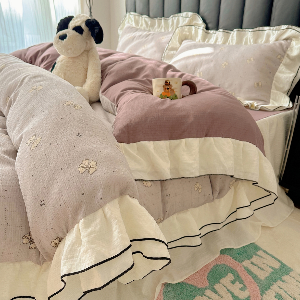 91家纺网 家纺一手货源 找家纺 韩都家居 2026春夏新款双层纱皱皱纱韩系清新风四件套 南溪紫