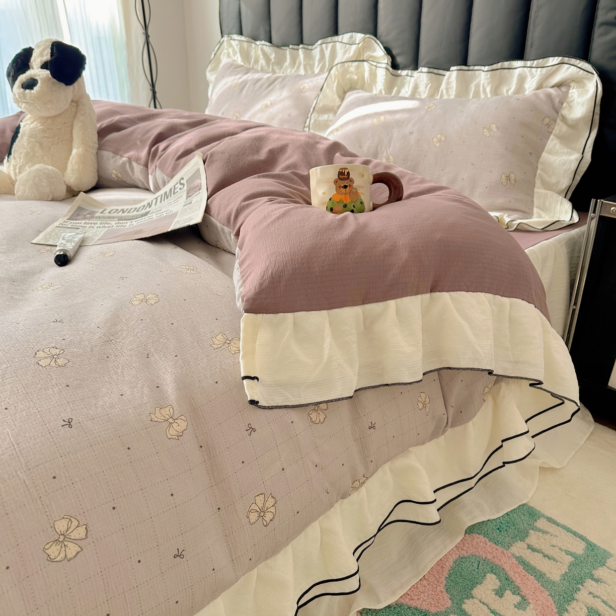 91家纺网 家纺一手货源 找家纺 韩都家居 2026春夏新款双层纱皱皱纱韩系清新风四件套 南溪紫