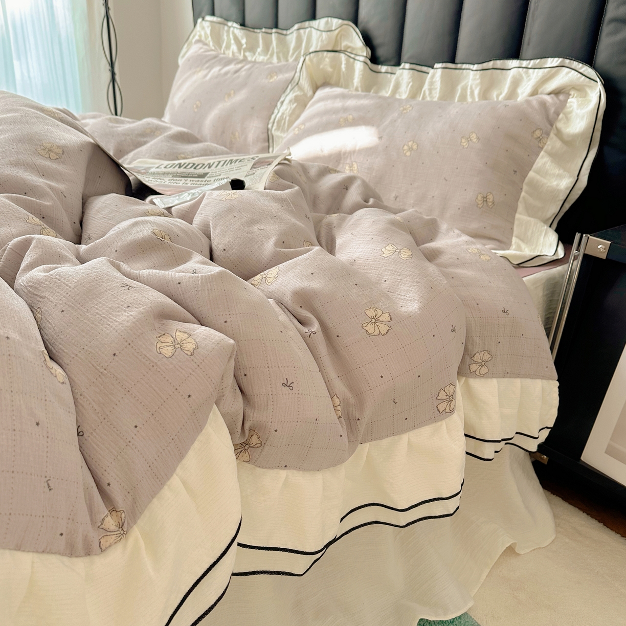 91家纺网 家纺一手货源 找家纺 韩都家居 2026春夏新款双层纱皱皱纱韩系清新风四件套 南溪紫