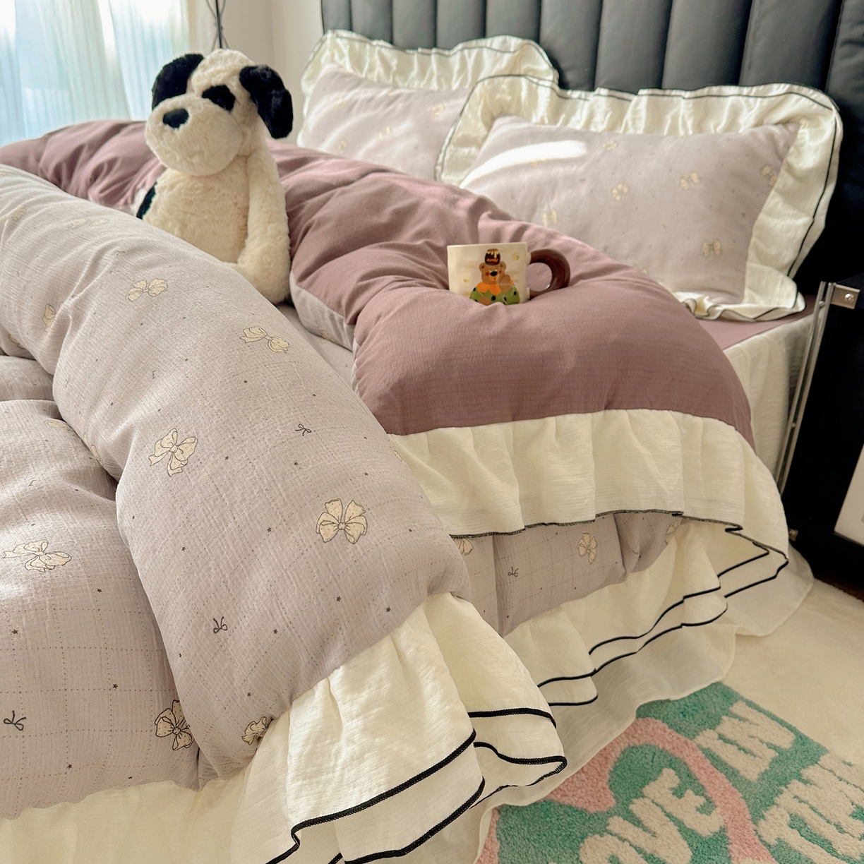 91家纺网 家纺一手货源 找家纺 韩都家居 2026春夏新款双层纱皱皱纱韩系清新风四件套 南溪紫