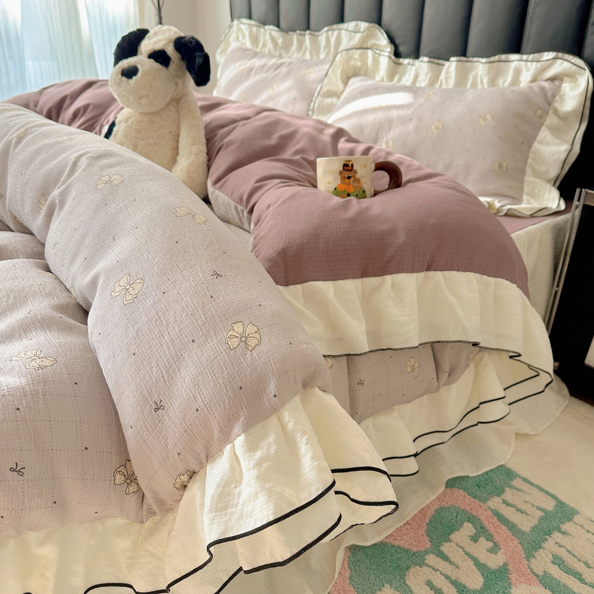 91家纺网 家纺一手货源 找家纺 韩都家居 2026春夏新款双层纱皱皱纱韩系清新风四件套 南溪紫