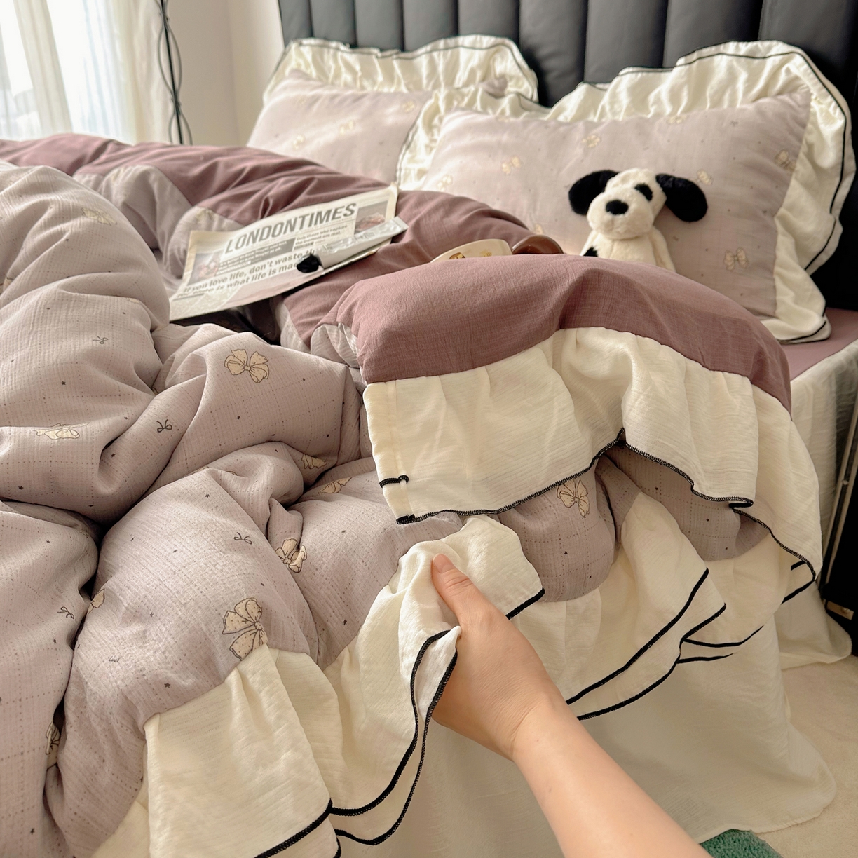 91家纺网 家纺一手货源 找家纺 韩都家居 2026春夏新款双层纱皱皱纱韩系清新风四件套 南溪紫