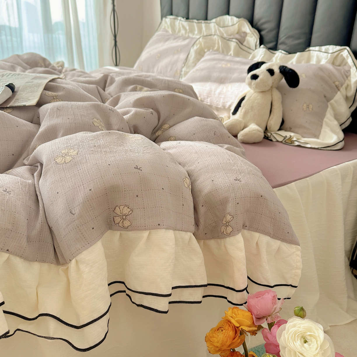 91家纺网 家纺一手货源 找家纺 韩都家居 2026春夏新款双层纱皱皱纱韩系清新风四件套 南溪紫