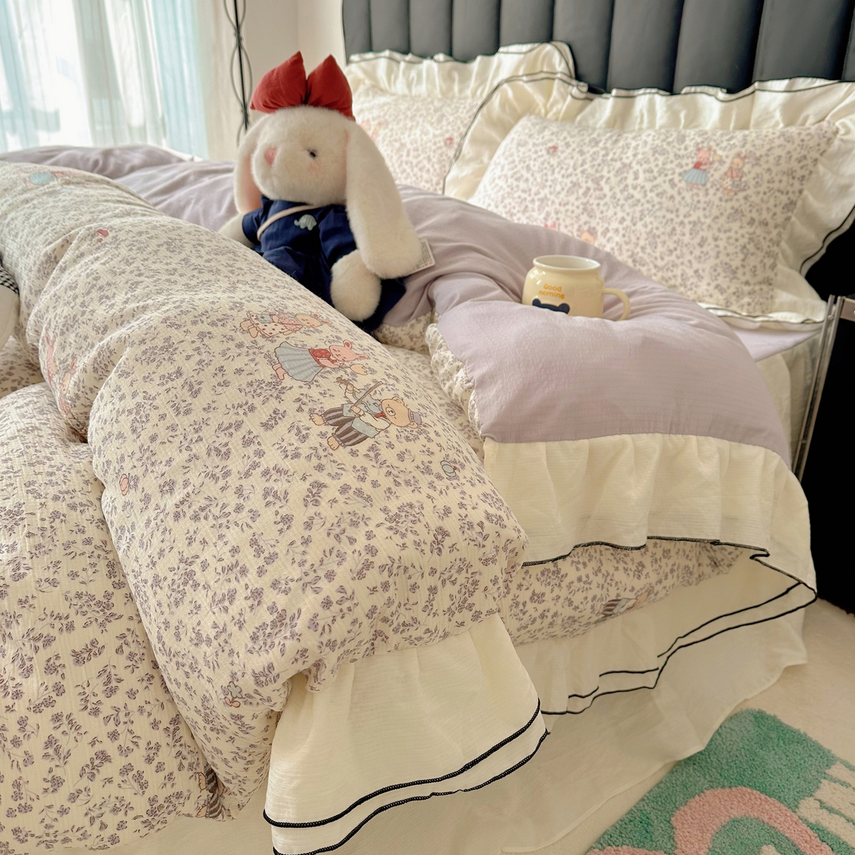 91家纺网 家纺一手货源 找家纺 韩都家居 2026春夏新款双层纱皱皱纱韩系清新风四件套 舞曲