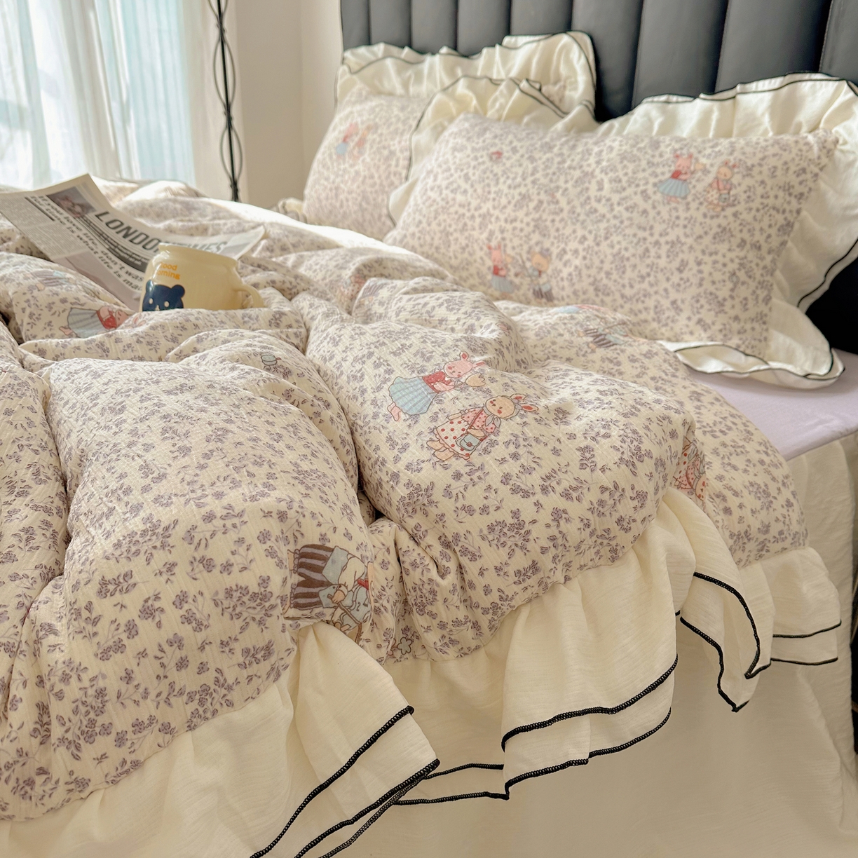 91家纺网 家纺一手货源 找家纺 韩都家居 2026春夏新款双层纱皱皱纱韩系清新风四件套 舞曲