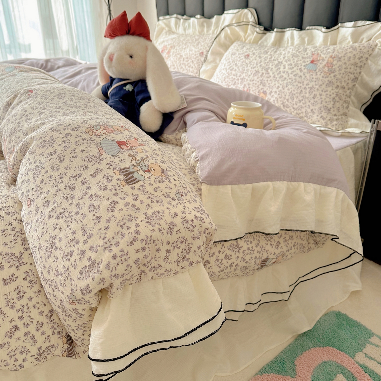 91家纺网 家纺一手货源 找家纺 韩都家居 2026春夏新款双层纱皱皱纱韩系清新风四件套 舞曲