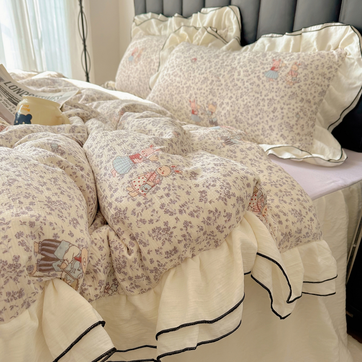 91家纺网 家纺一手货源 找家纺 韩都家居 2026春夏新款双层纱皱皱纱韩系清新风四件套 舞曲