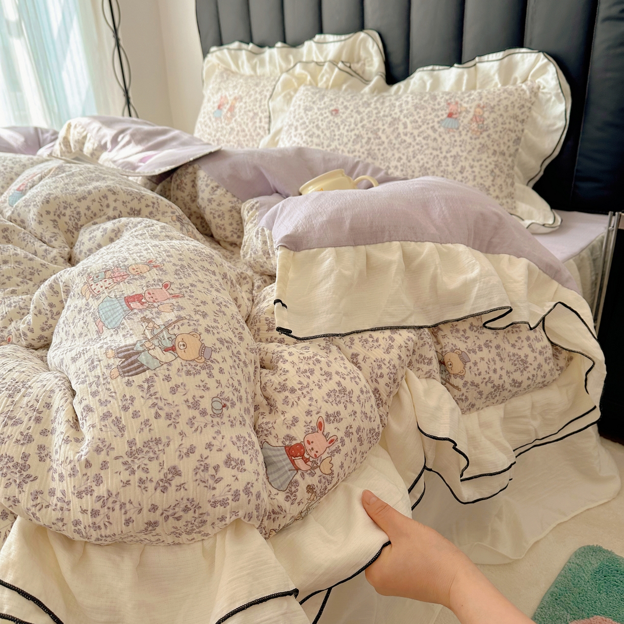 91家纺网 家纺一手货源 找家纺 韩都家居 2026春夏新款双层纱皱皱纱韩系清新风四件套 舞曲