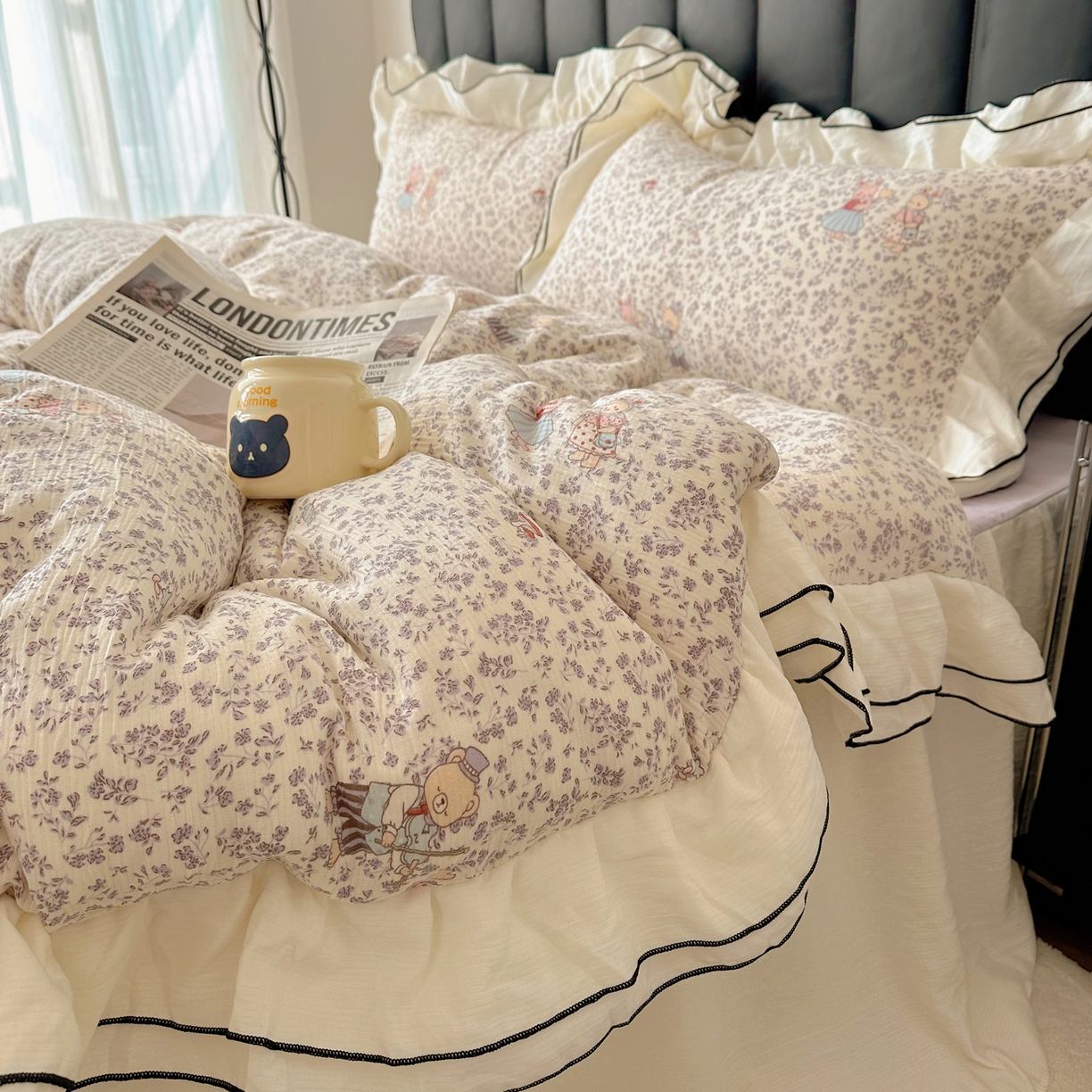 91家纺网 家纺一手货源 找家纺 韩都家居 2026春夏新款双层纱皱皱纱韩系清新风四件套 舞曲