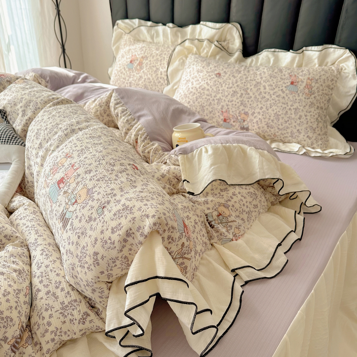 91家纺网 家纺一手货源 找家纺 韩都家居 2026春夏新款双层纱皱皱纱韩系清新风四件套 舞曲