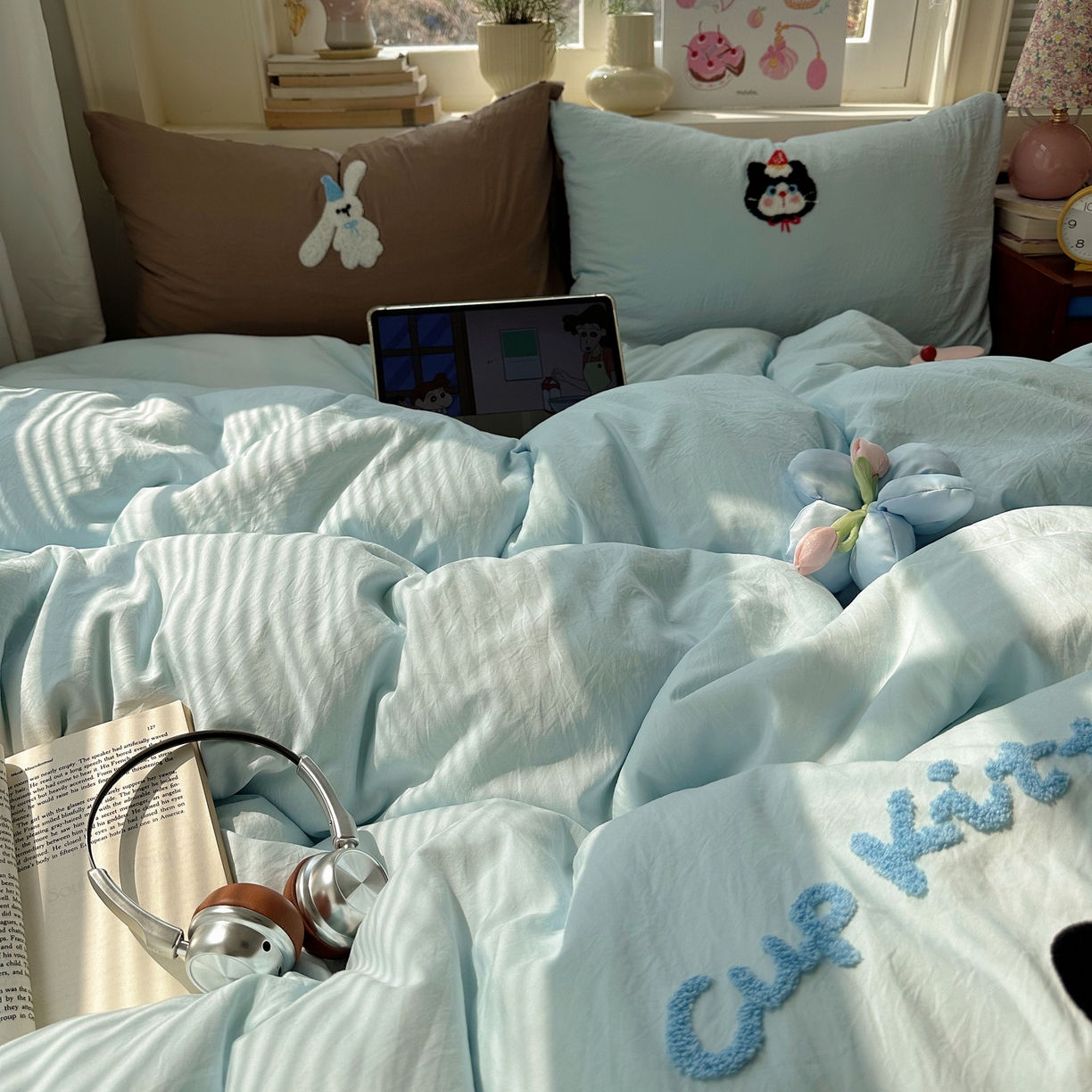 91家纺网 家纺一手货源 找家纺 （总）顾里家纺 2026春夏新款ins可爱风云朵毛巾绣四件套（会员-3元  床笠定制不退换0