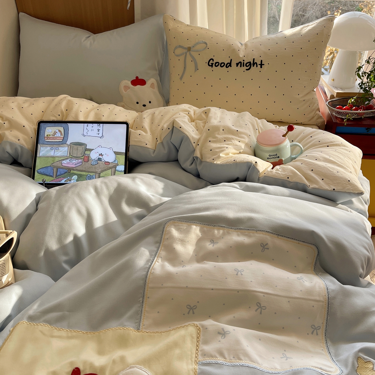 91家纺网 家纺一手货源 找家纺 沐慕 2026新款大贴布绣云朵棉四件套 晚安小熊