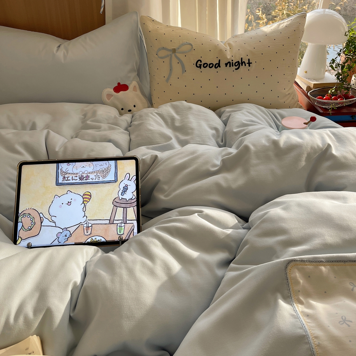 91家纺网 家纺一手货源 找家纺 沐慕 2026新款大贴布绣云朵棉四件套 晚安小熊