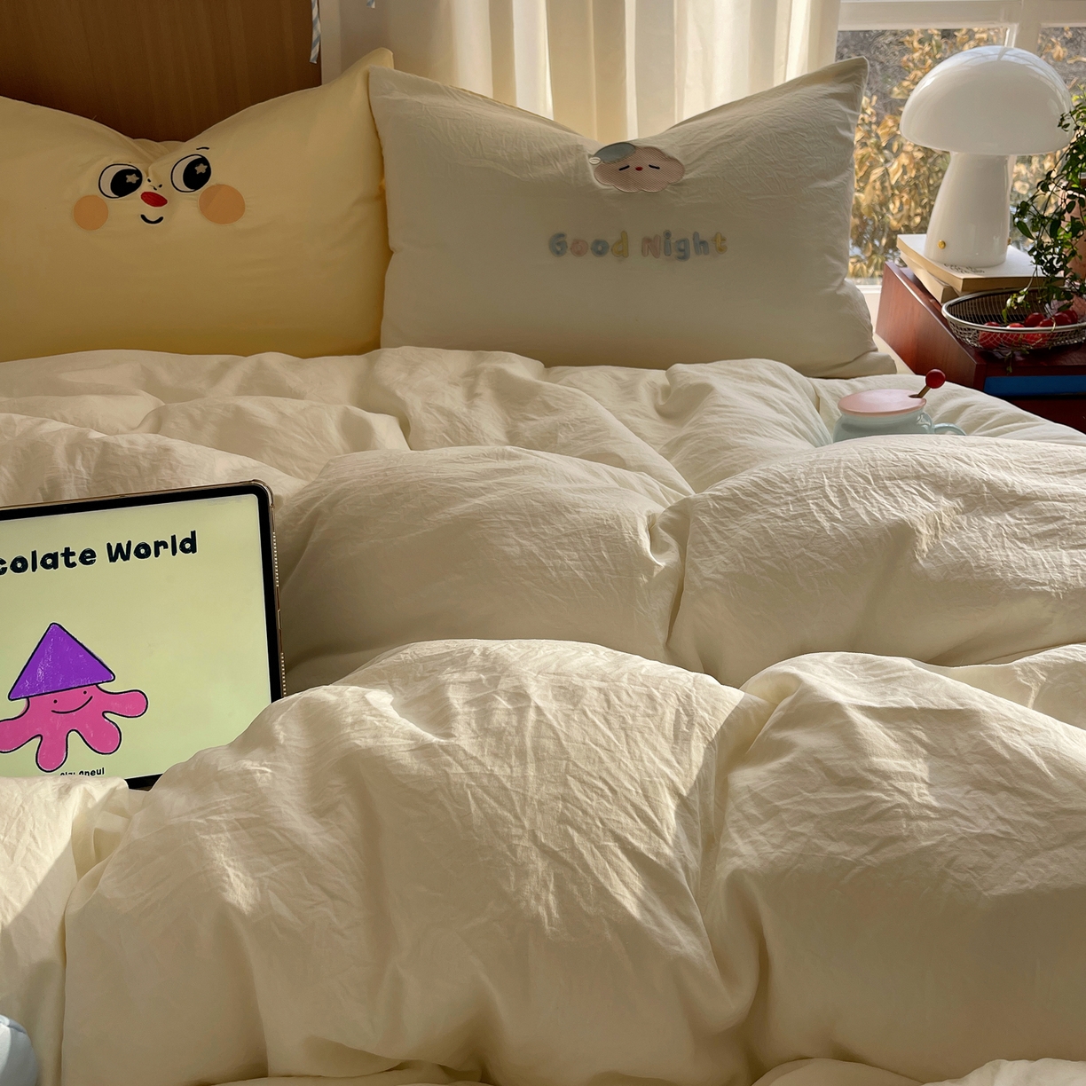 91家纺网 家纺一手货源 找家纺 沐慕 2026新款大贴布绣云朵棉四件套 萌星星