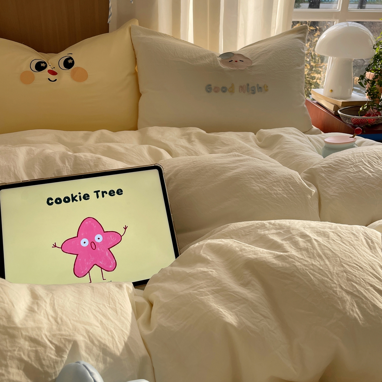 91家纺网 家纺一手货源 找家纺 沐慕 2026新款大贴布绣云朵棉四件套 萌星星