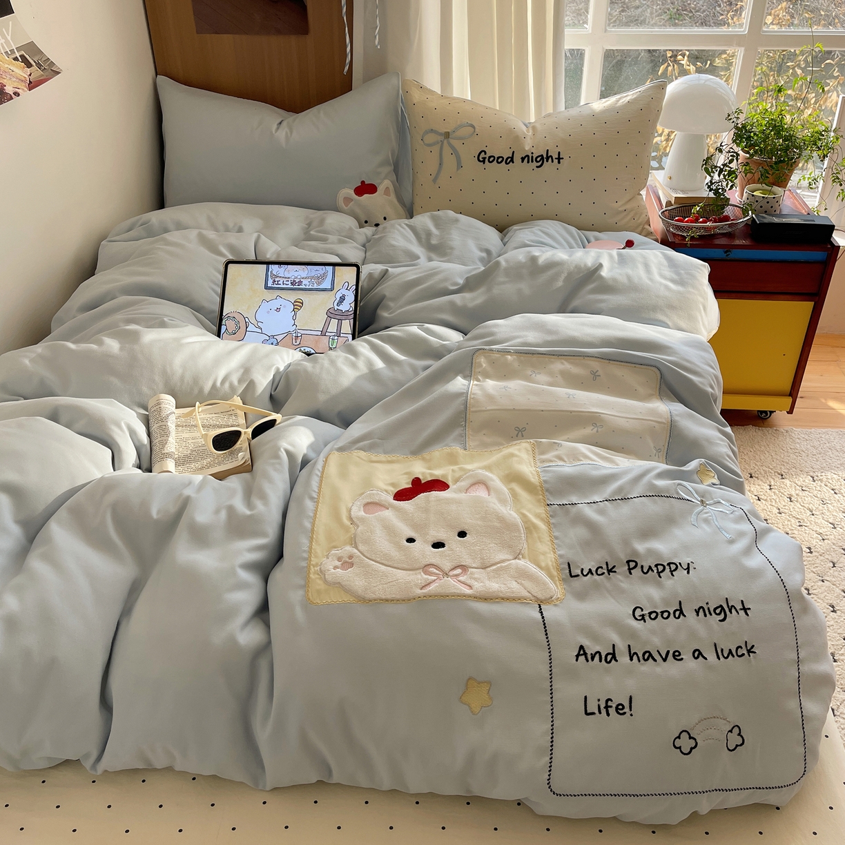 沐慕 2026新款大贴布绣云朵棉四件套 晚安小熊