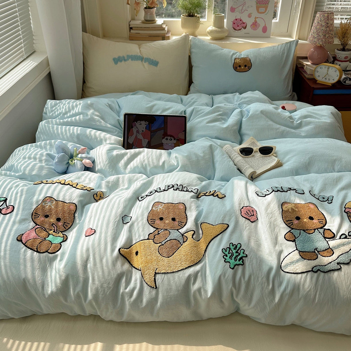 91家纺网 家纺一手货源 找家纺 （总）顾里家纺 2026春夏新款ins可爱风云朵毛巾绣四件套（会员-3元  床笠定制不退换0