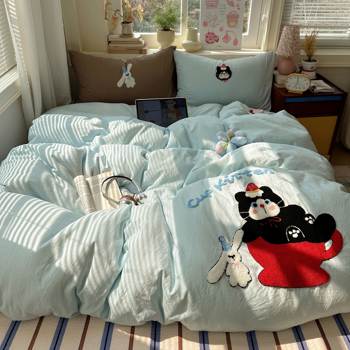 顾里家纺 2026春夏新款ins可爱风云朵毛巾绣四件套（会员-3元  床笠定制不退换0 杯子猫