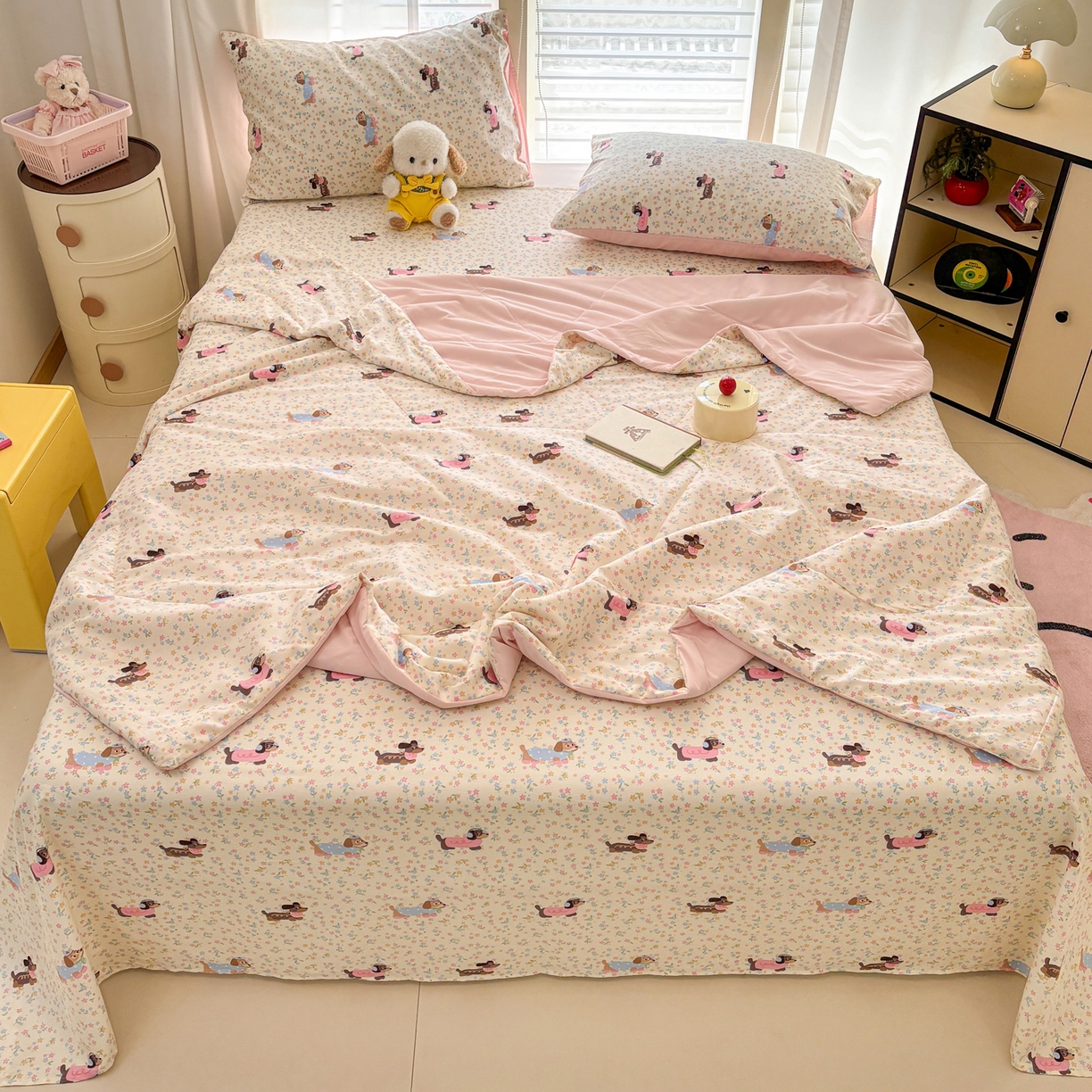 91家纺网 家纺一手货源 找家纺 雅居纺家纺 2026新款A版全棉B版凉感夏被夏凉被空调被 夏被 碎花腊肠狗