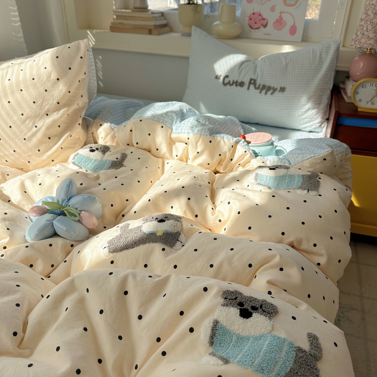 91家纺网 家纺一手货源 找家纺 顾里家纺 2026春夏新款ins可爱风云朵毛巾绣四件套（会员-3元  床笠定制不退换0 波点狗狗