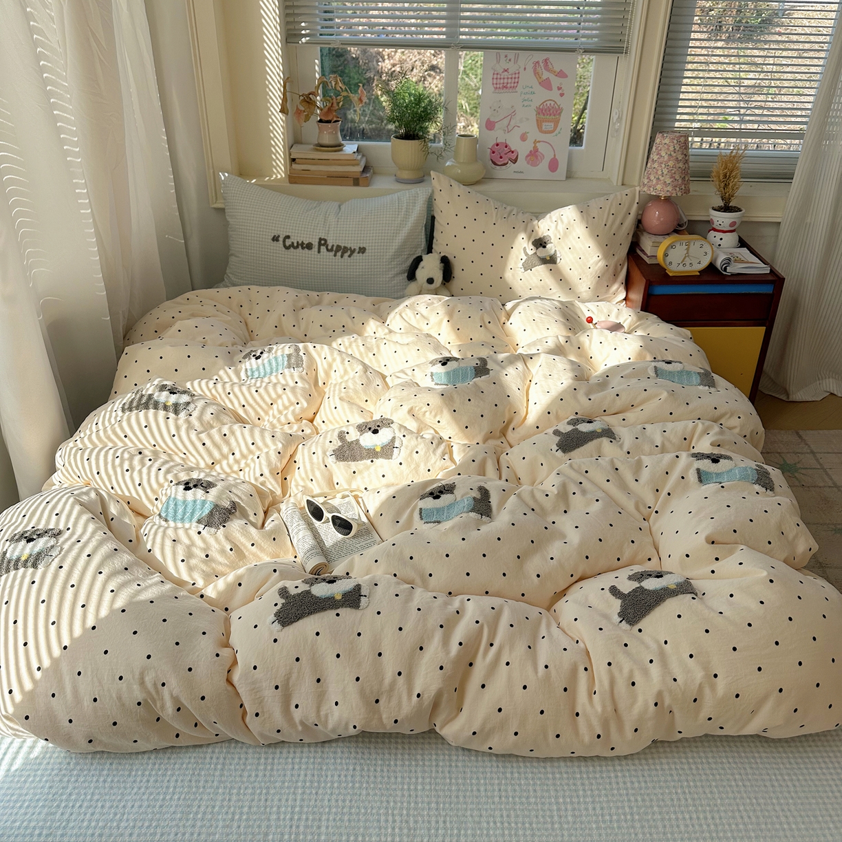 91家纺网 家纺一手货源 找家纺 顾里家纺 2026春夏新款ins可爱风云朵毛巾绣四件套（会员-3元  床笠定制不退换0 波点狗狗