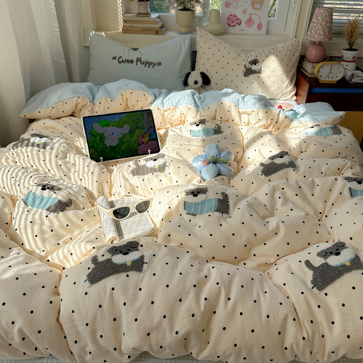 91家纺网 家纺一手货源 找家纺 顾里家纺 2026春夏新款ins可爱风云朵毛巾绣四件套（会员-3元  床笠定制不退换0 波点狗狗