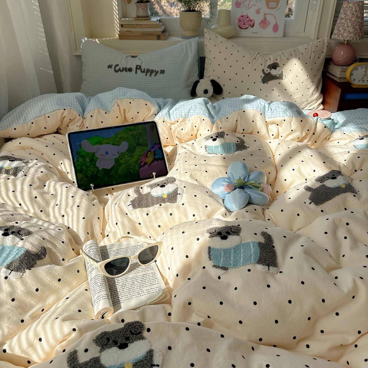 91家纺网 家纺一手货源 找家纺 顾里家纺 2026春夏新款ins可爱风云朵毛巾绣四件套（会员-3元  床笠定制不退换0 波点狗狗