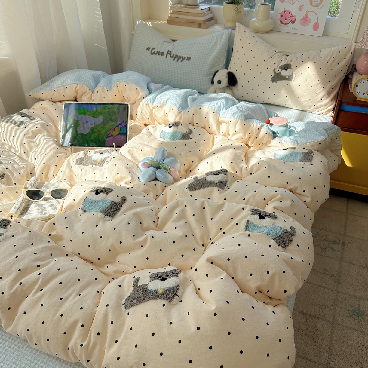 91家纺网 家纺一手货源 找家纺 顾里家纺 2026春夏新款ins可爱风云朵毛巾绣四件套（会员-3元  床笠定制不退换0 波点狗狗