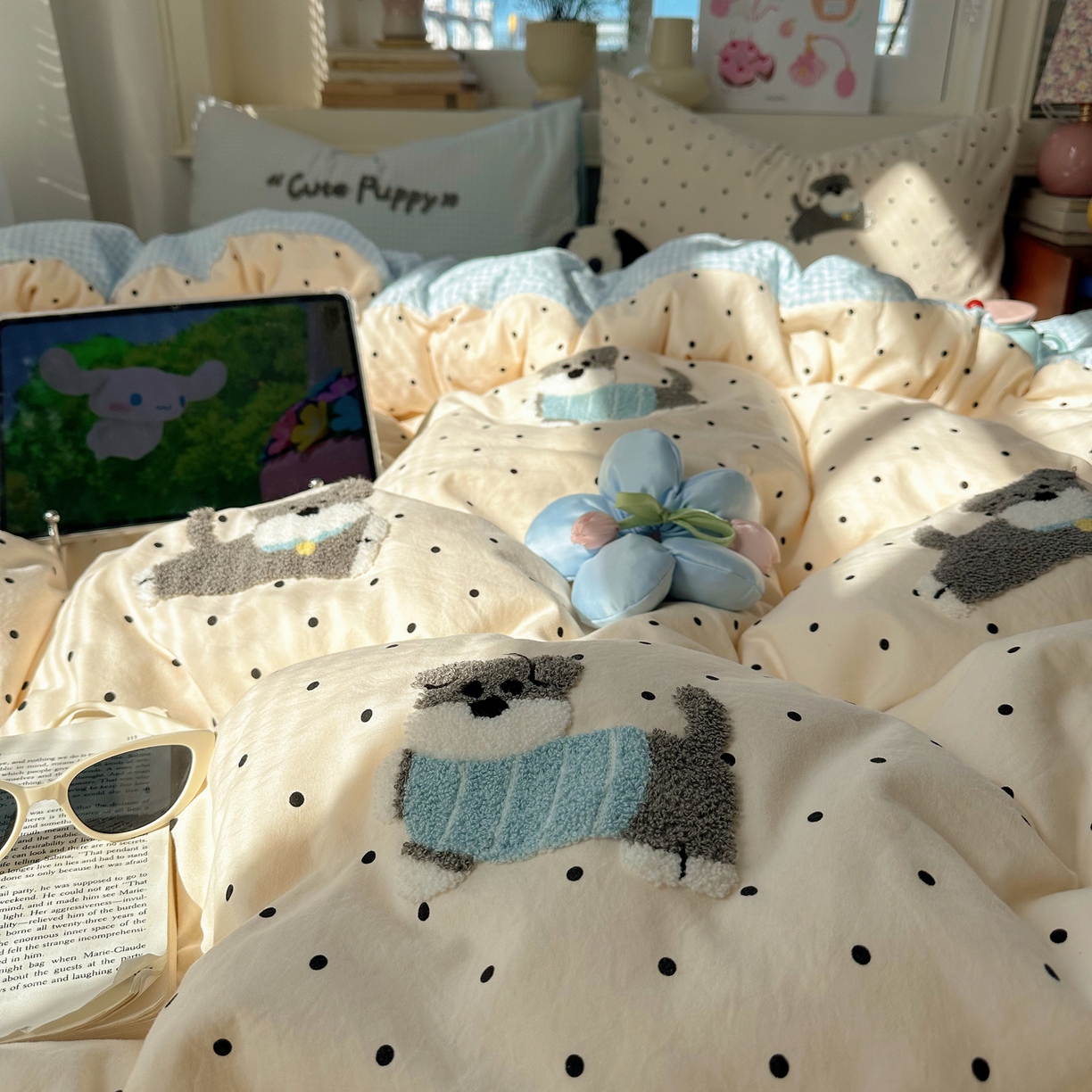 91家纺网 家纺一手货源 找家纺 顾里家纺 2026春夏新款ins可爱风云朵毛巾绣四件套（会员-3元  床笠定制不退换0 波点狗狗