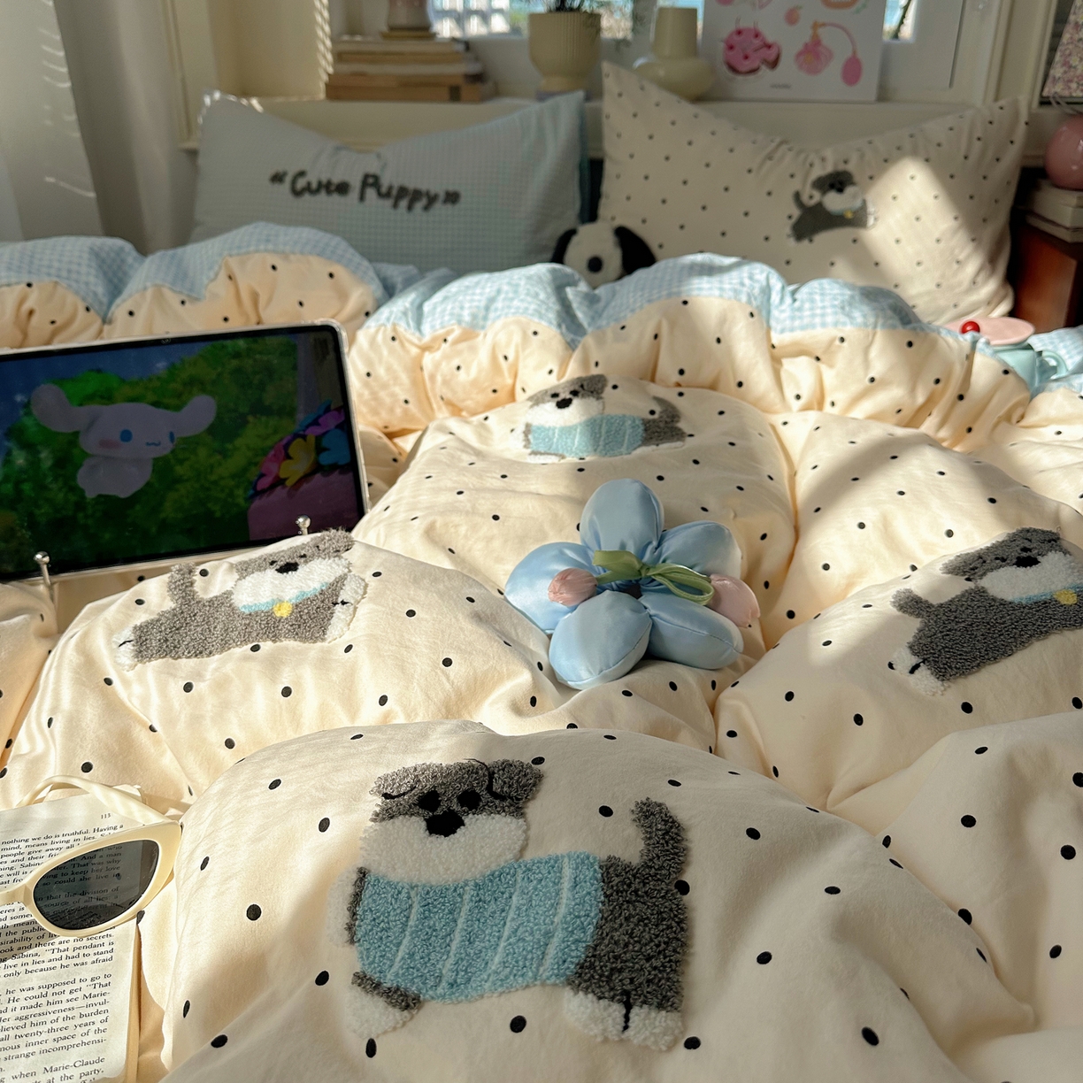 91家纺网 家纺一手货源 找家纺 顾里家纺 2026春夏新款ins可爱风云朵毛巾绣四件套（会员-3元  床笠定制不退换0 波点狗狗