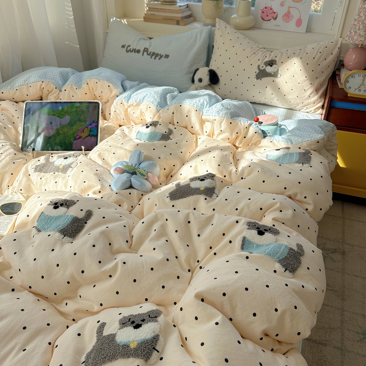 91家纺网 家纺一手货源 找家纺 顾里家纺 2026春夏新款ins可爱风云朵毛巾绣四件套（会员-3元  床笠定制不退换0 波点狗狗