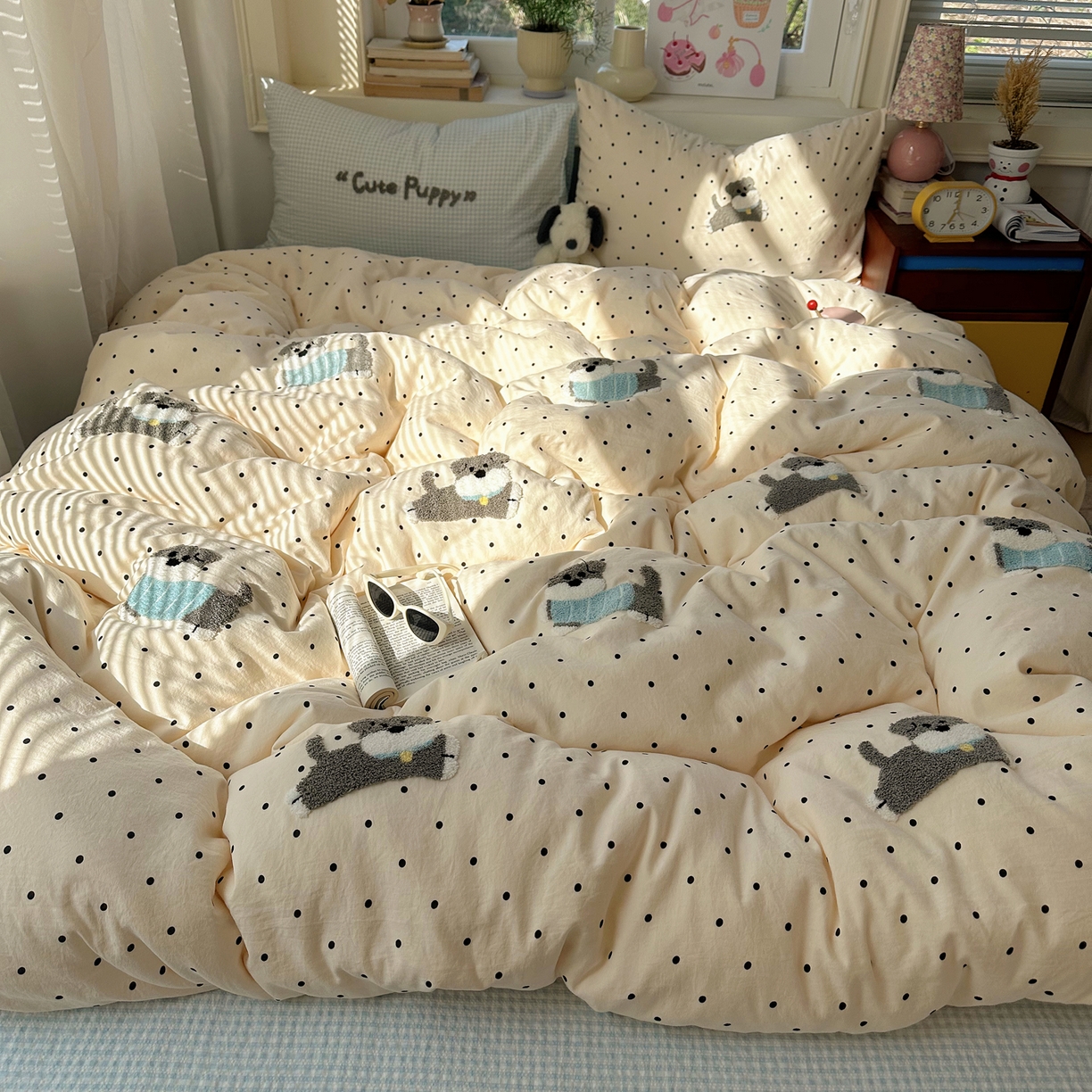 91家纺网 家纺一手货源 找家纺 顾里家纺 2026春夏新款ins可爱风云朵毛巾绣四件套（会员-3元  床笠定制不退换0 波点狗狗