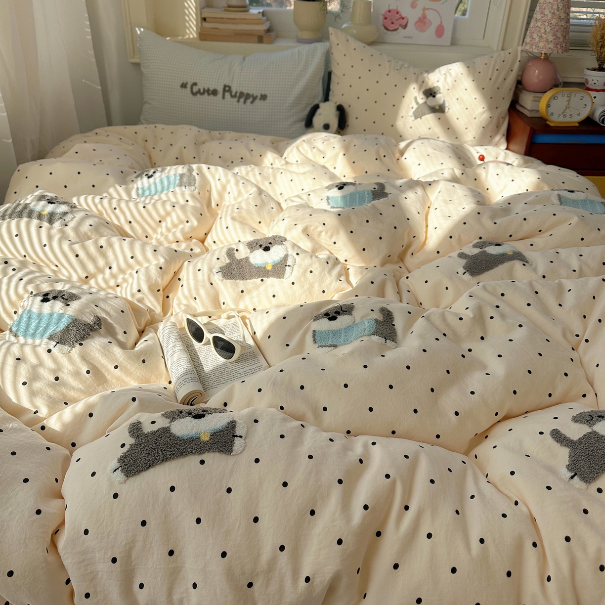 91家纺网 家纺一手货源 找家纺 顾里家纺 2026春夏新款ins可爱风云朵毛巾绣四件套（会员-3元  床笠定制不退换0 波点狗狗