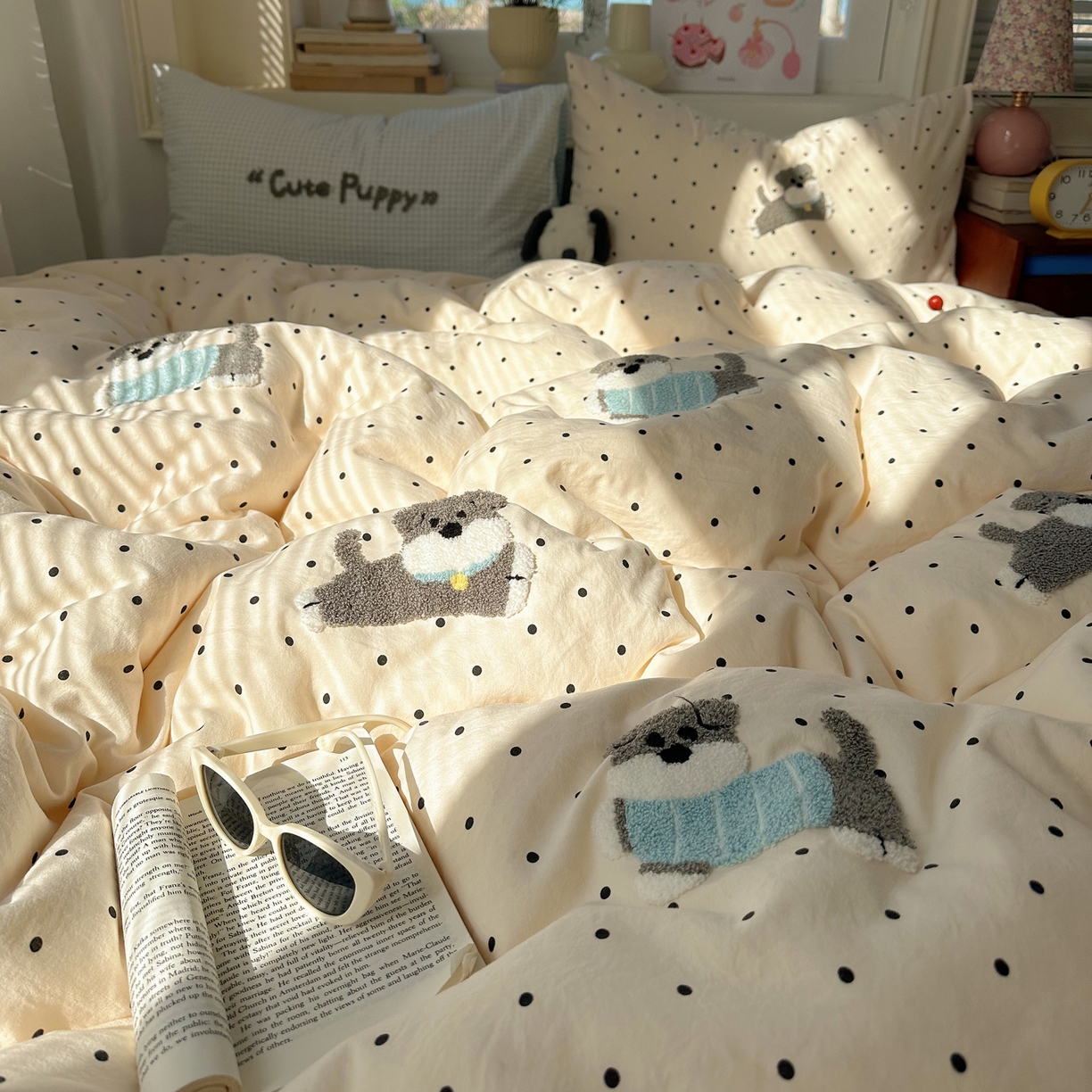 91家纺网 家纺一手货源 找家纺 顾里家纺 2026春夏新款ins可爱风云朵毛巾绣四件套（会员-3元  床笠定制不退换0 波点狗狗