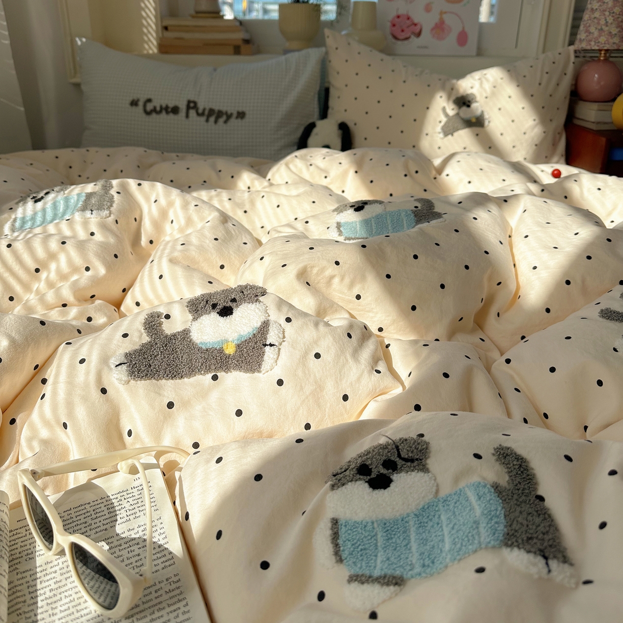 91家纺网 家纺一手货源 找家纺 顾里家纺 2026春夏新款ins可爱风云朵毛巾绣四件套（会员-3元  床笠定制不退换0 波点狗狗