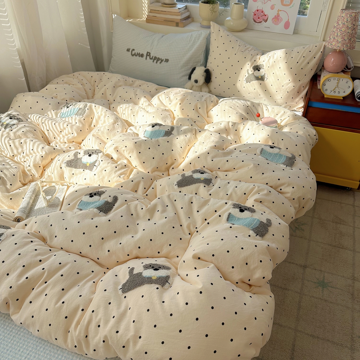 91家纺网 家纺一手货源 找家纺 顾里家纺 2026春夏新款ins可爱风云朵毛巾绣四件套（会员-3元  床笠定制不退换0 波点狗狗